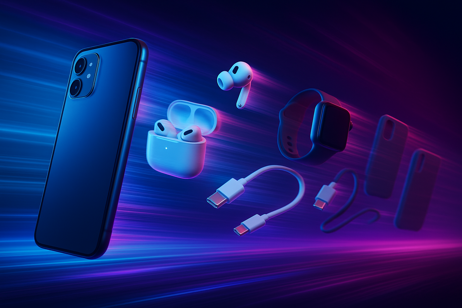 A dynamic scene of accessories flying forward with motion blur. Smartphone at the front like a pioneer leading the pack. Background: gradient neon streaks symbolizing speed & innovation.