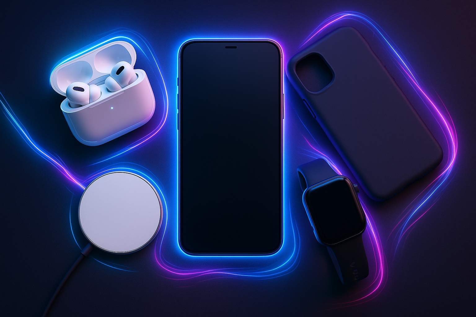 A modern smartphone placed at the center. Surrounded by sleek accessories (wireless earbuds, magnetic charger, phone case, smartwatch). Neon glow lines or light trails highlighting each accessory.